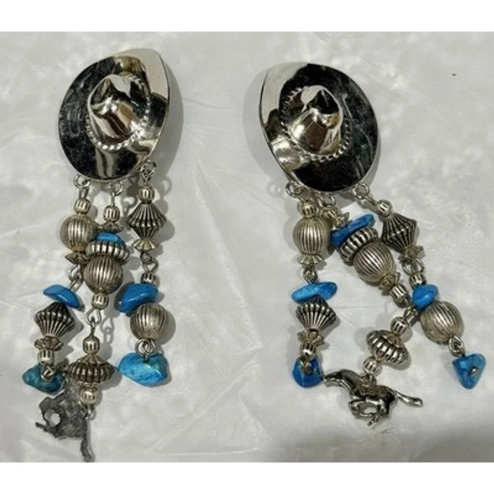 Post Earrings Western Style Dangle Cowboy Hat Boots Star Longhorn 2” Silver Tone